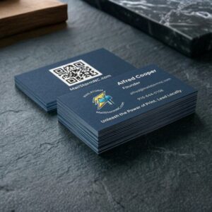 Stack of Mail Storm business cards featuring contact details and a QR code on a dark textured slate surface.